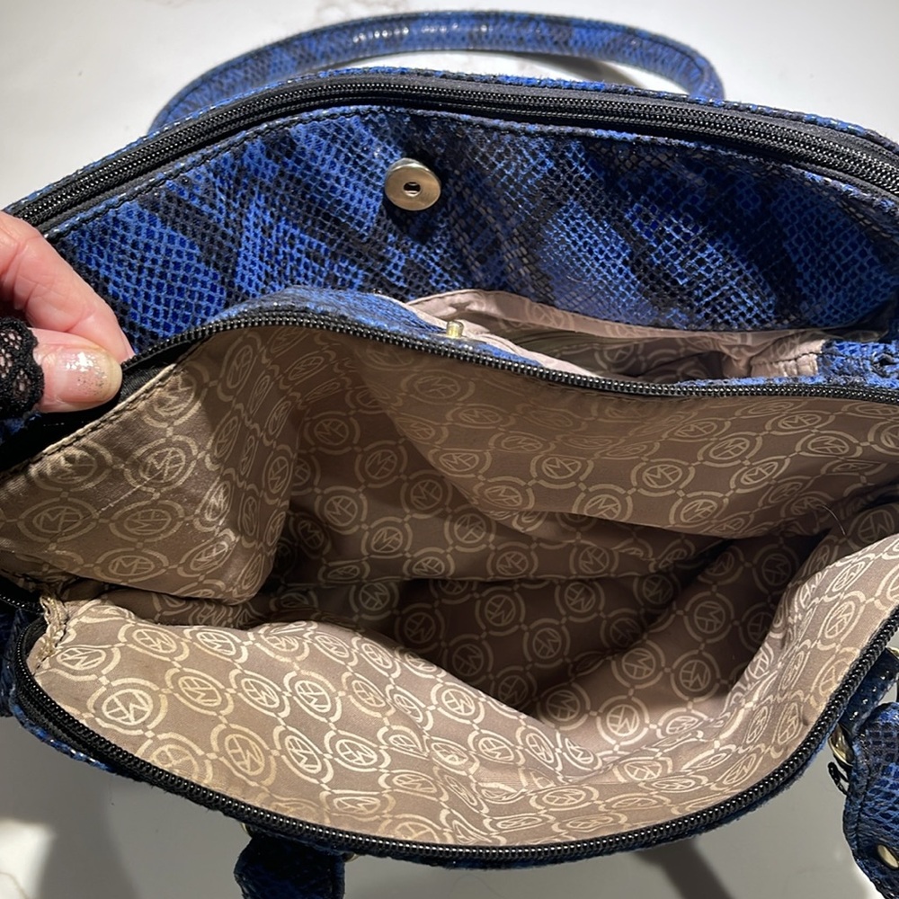 MARC FISHER Faux Snakeskin Shoulder Satchel, 3 Compartments,Navy/Black/Gold Trim - Picture 5 of 12